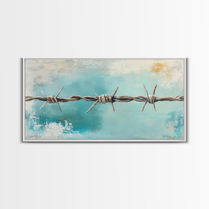 Rusty Barbed Wire Against Turquoise Sky Wall Art, Western Industrial Canvas Print, Modern Rustic Farmhouse Decor For Entryway