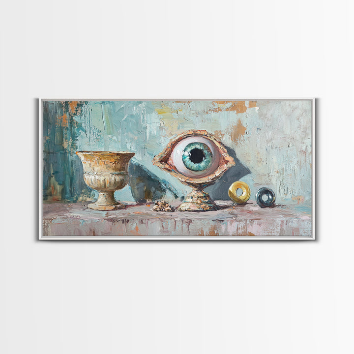 Surreal Blue Eye Relic And Antique Urn Wall Art, Mystical Eclectic Framed Canvas Print, Dark Academia Office Decor For Library