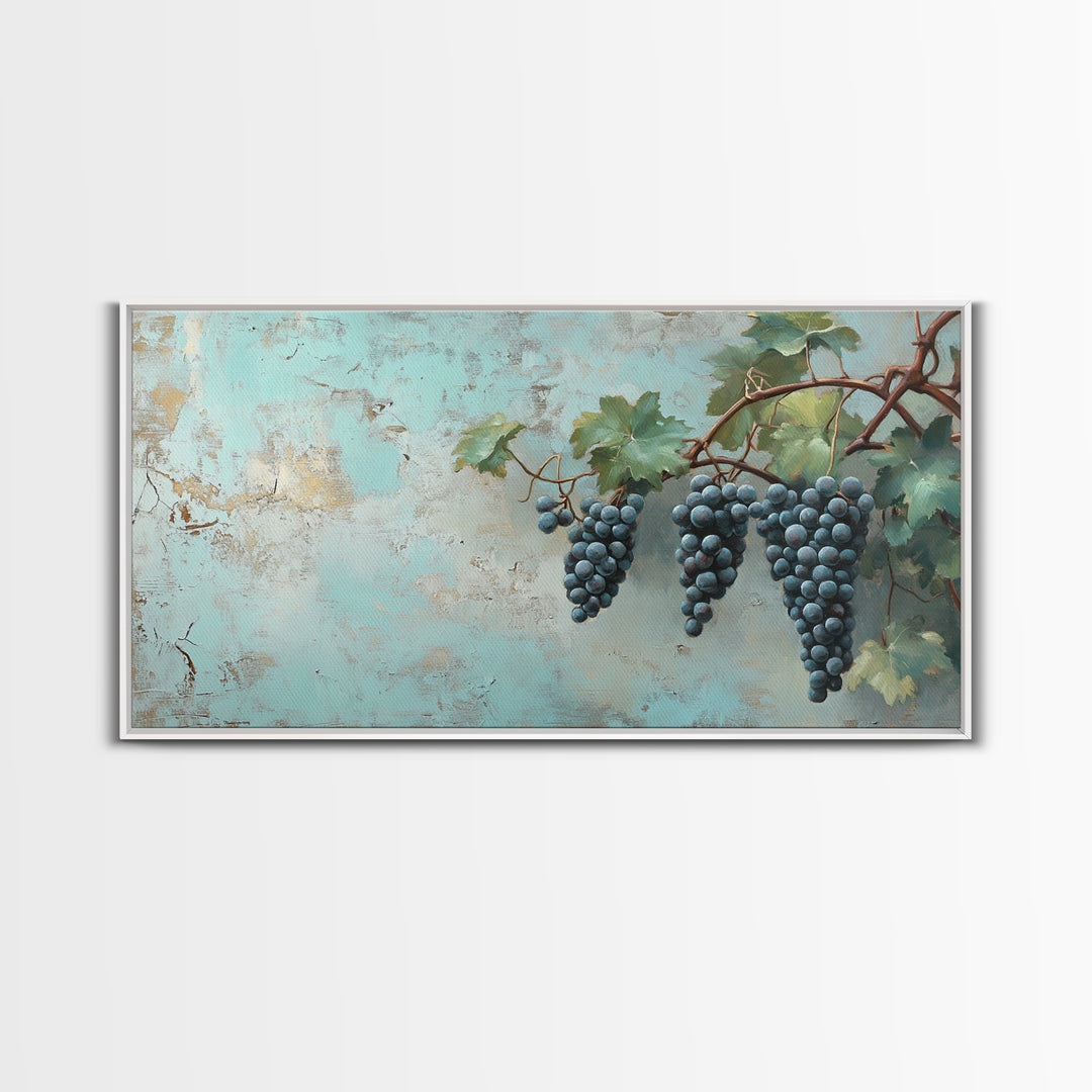 Blue Grapes On Vine Wall Art, Rustic Kitchen Decor, Vineyard Painting, Wine Country Print, Farmhouse Dining Room Canvas Art