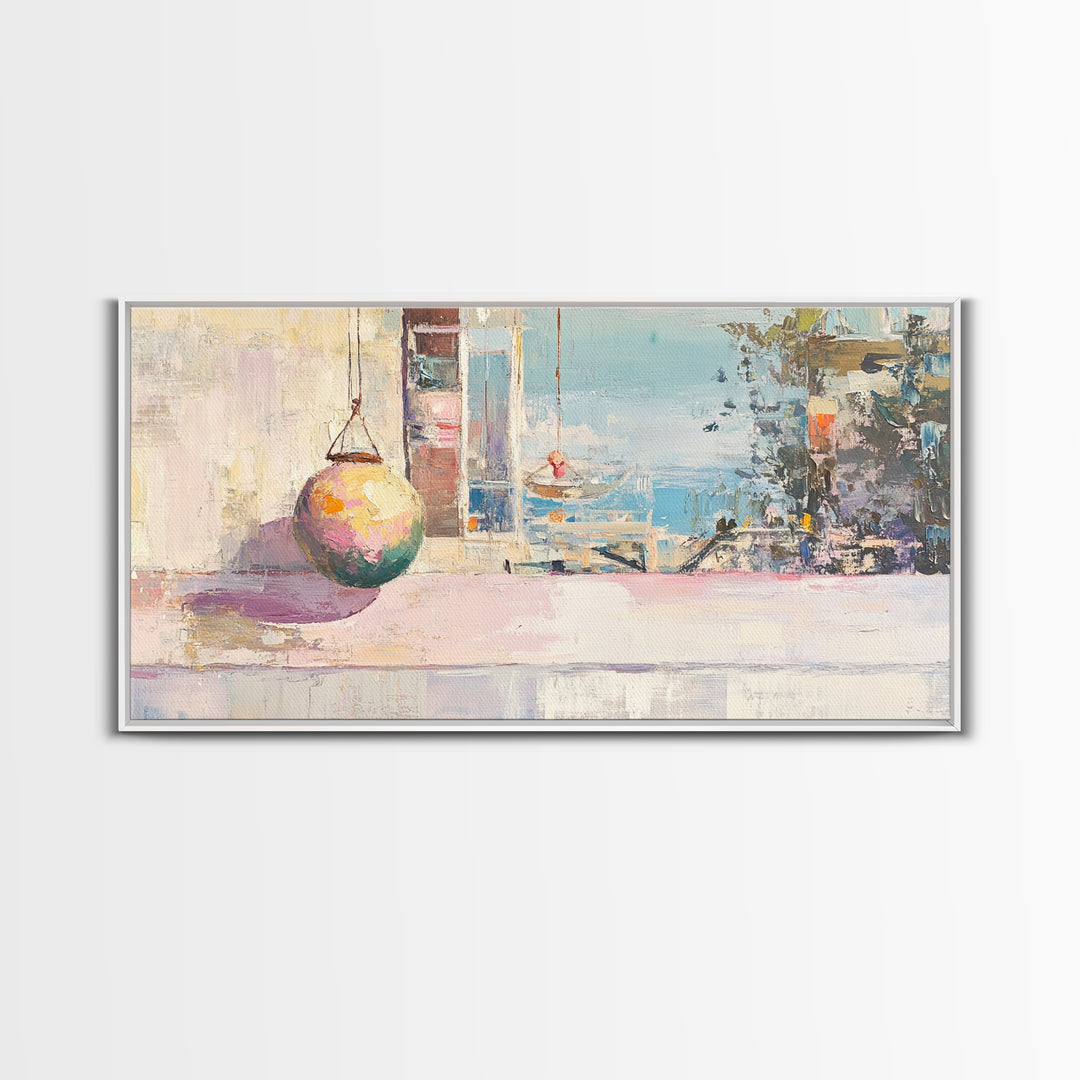 Pastel Seaside Window Canvas Print, Coastal Wall Art, Mediterranean Beach House Decor, Soft Ocean View Living Room Print