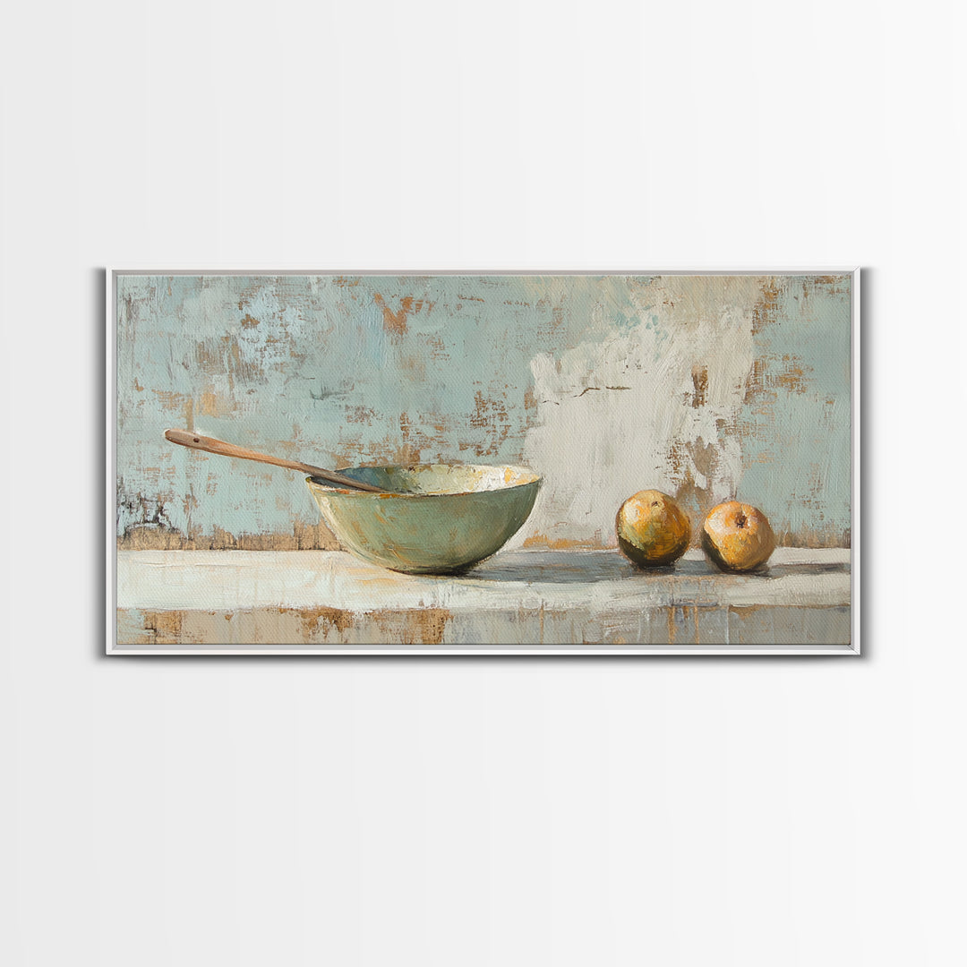 Rustic Bowl And Pears Canvas Print, Kitchen Wall Art, Farmhouse Still Life Painting, Country Dining Room Wall Decor Print