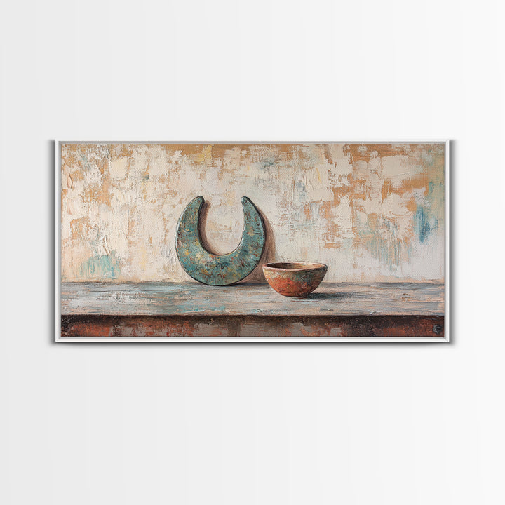 Turquoise Crescent Moon And Rustic Bowl Wall Art, Wabi Sabi Decor, Southwestern Still Life, Neutral Framed Canvas Print, Home Decor