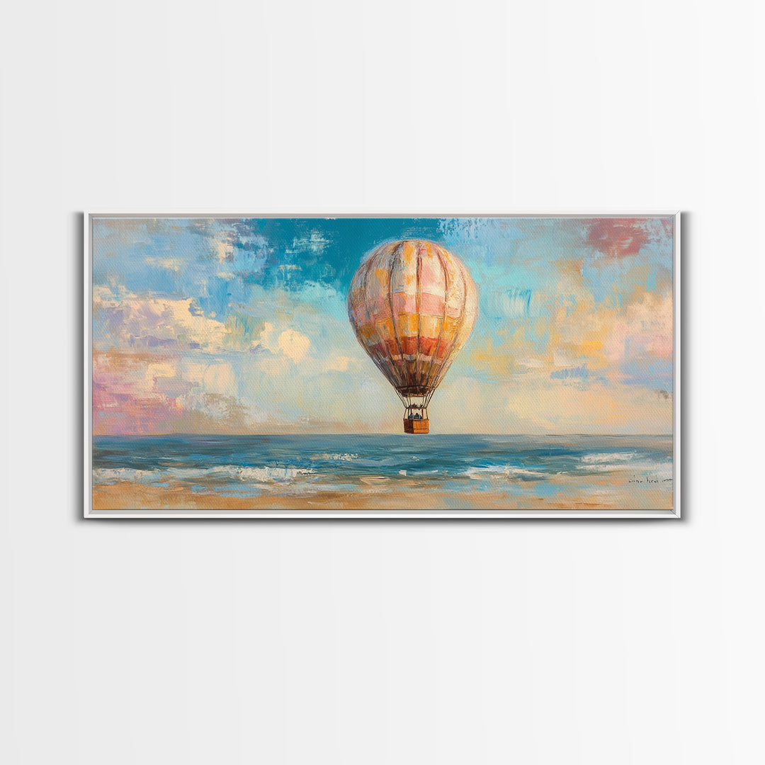 Hot Air Balloon Drifting Over Ocean Canvas Print, Coastal Wall Art, Travel Poster Style, Colorful Beach House Living Room Decor