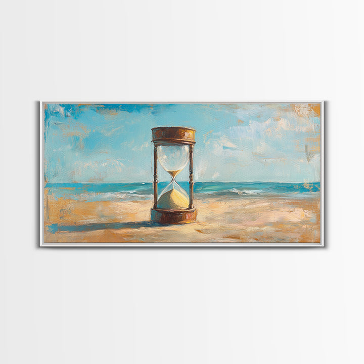 Hourglass In Sand By Turquoise Sea Canvas Print, Coastal Wall Art, Beach House Decor, Ocean Landscape, Summer Home Decor