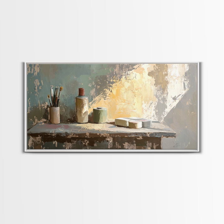 Artist Brushes And Paint Tubes On Sunlit Table Wall Art, Creative Studio Decor, Modern Rustic Still Life Canvas Print, Home Decor
