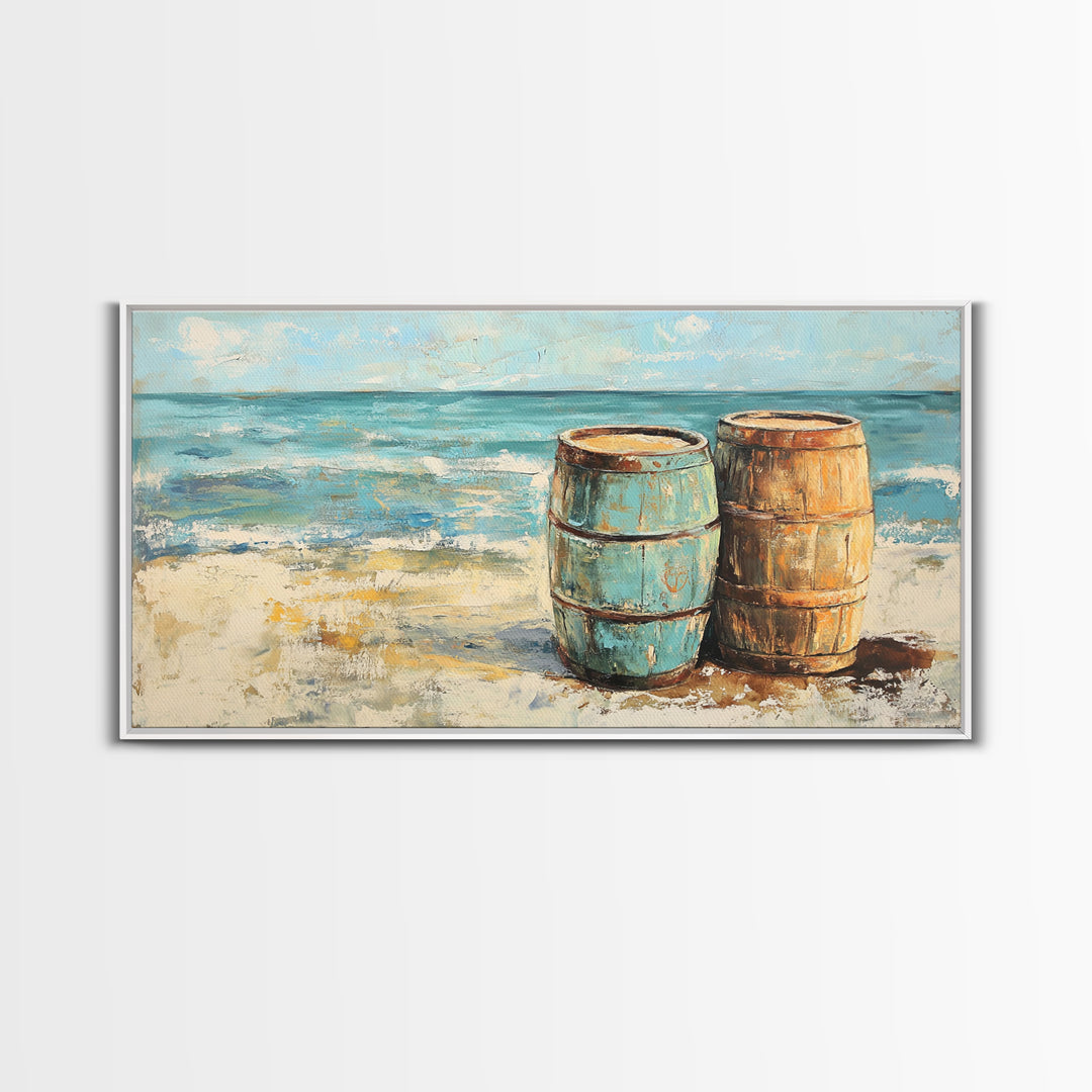 Weathered Barrels On Sandy Beach Wall Art, Coastal Canvas Print, Nautical Beach House Decor, Seascape Ocean Living Room Art