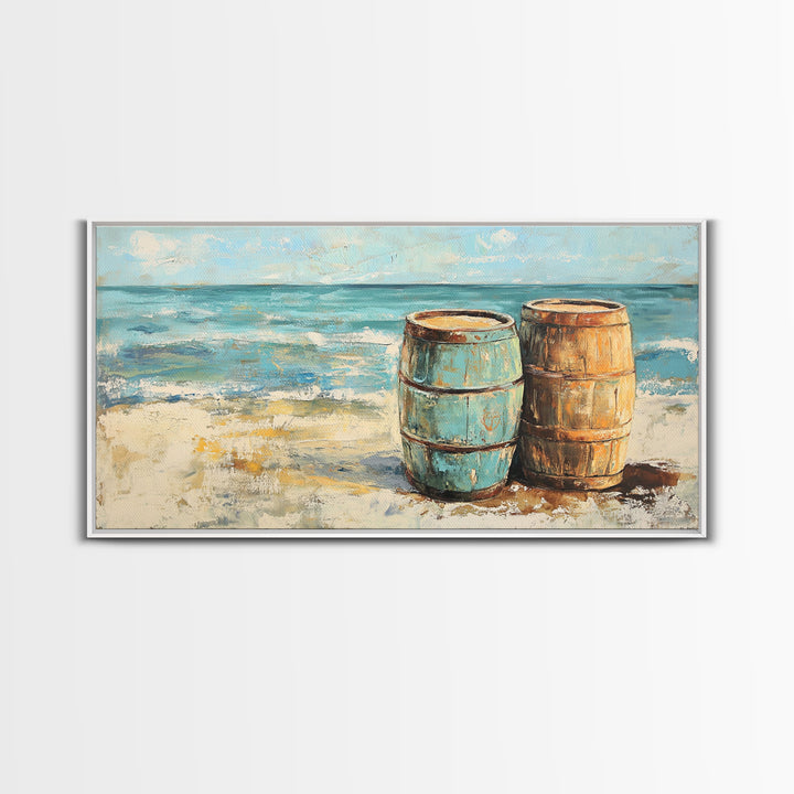 Weathered Barrels On Sandy Beach Wall Art, Coastal Canvas Print, Nautical Beach House Decor, Seascape Ocean Living Room Art