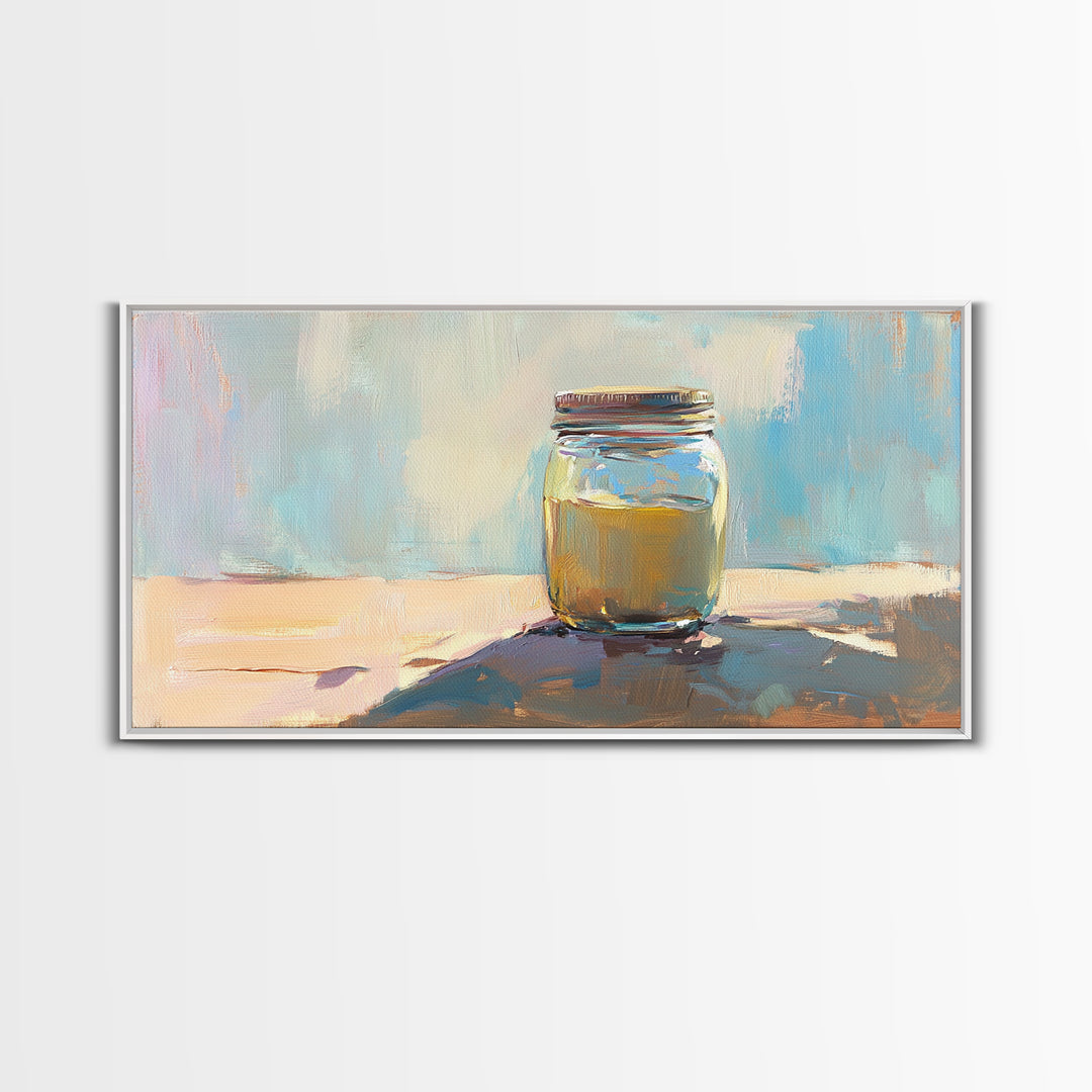 Sunlit Mason Jar Still Life Wall Art, Soft Blue Canvas Print For Kitchen Decor, Rustic Home Decor And Housewarming Gift Idea