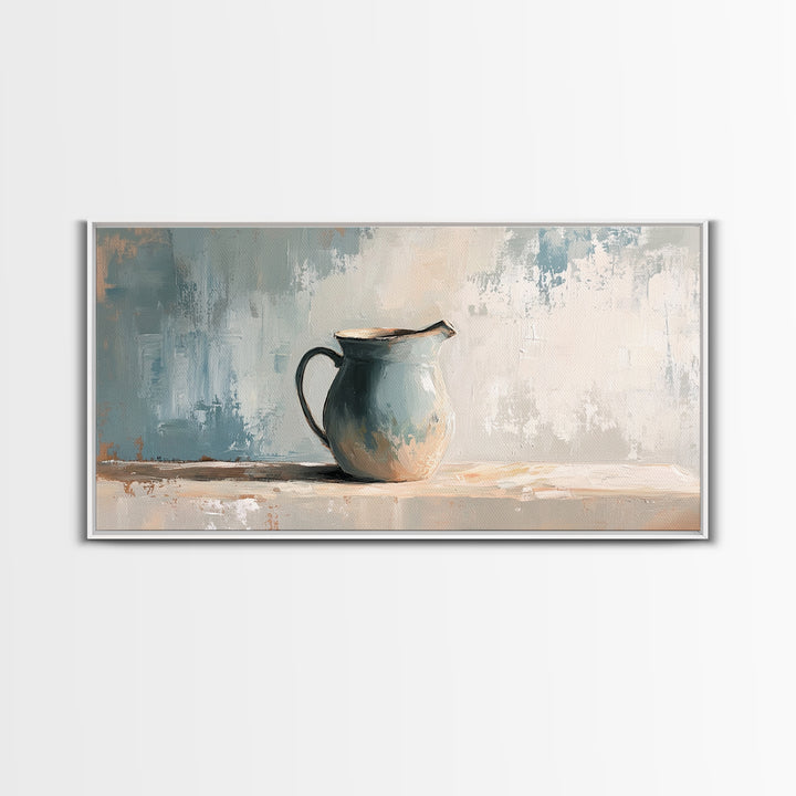 Blue Ceramic Pitcher Minimalist Still Life Wall Art, Neutral Canvas Print For Kitchen Decor, Farmhouse Decor And Office Decor