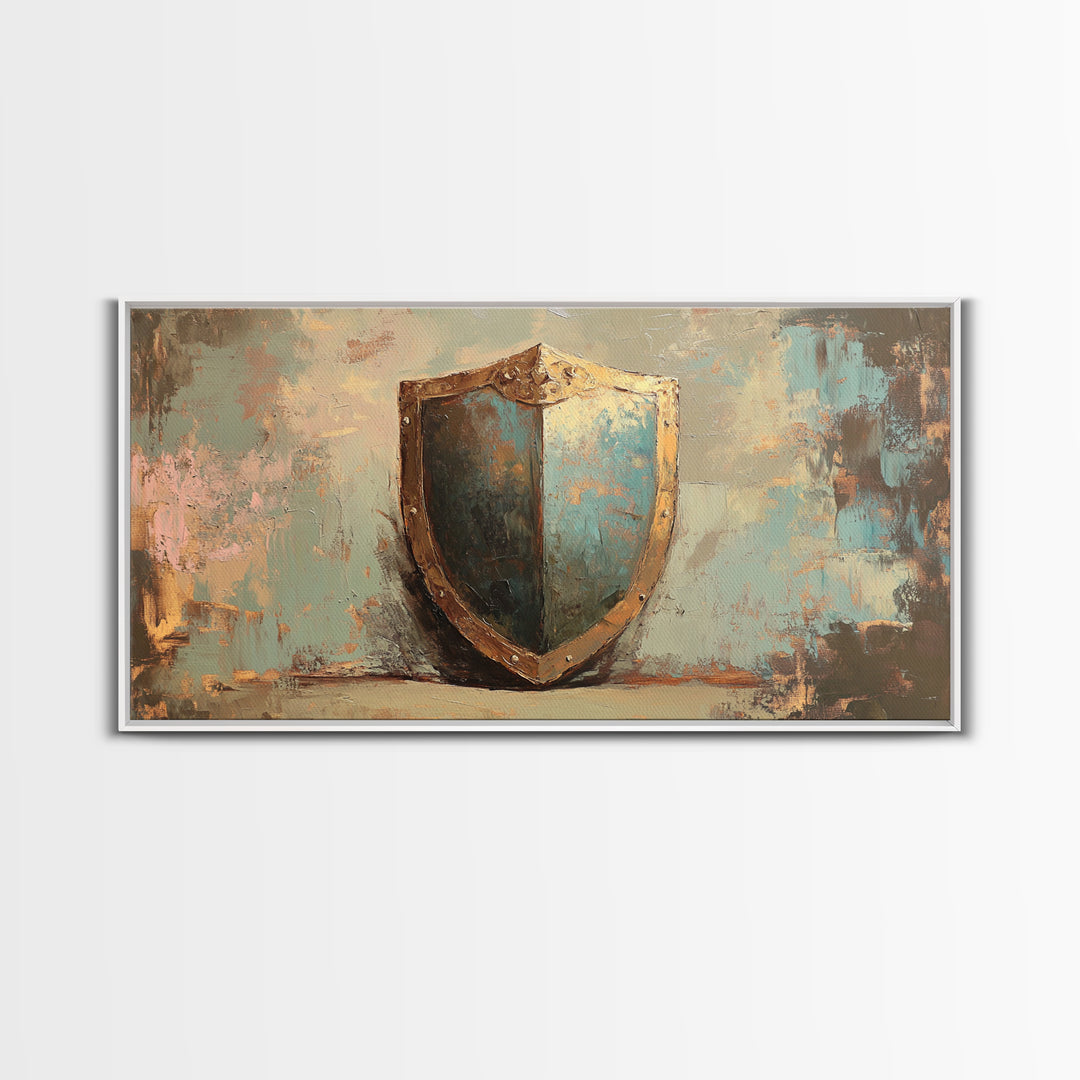 Antique Blue Shield Framed Canvas Print, Medieval Wall Art, Fantasy Decor, Rustic Office Decor, Man Cave Gift For Him, Home Decor