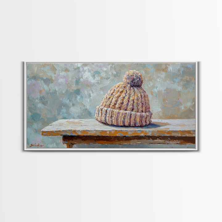 Cozy Knit Beanie Still Life Wall Art, Winter Cabin Decor, Rustic Canvas Print, Neutral Bedroom Art, Gift For Her, Housewarming Gift