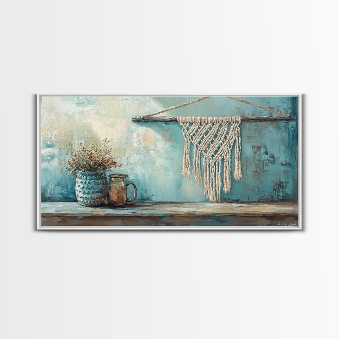 Macrame Hanging And Dried Flowers Framed Canvas Print, Boho Wall Art, Rustic Home Decor, Neutral Living Room Decor, Housewarming Gift