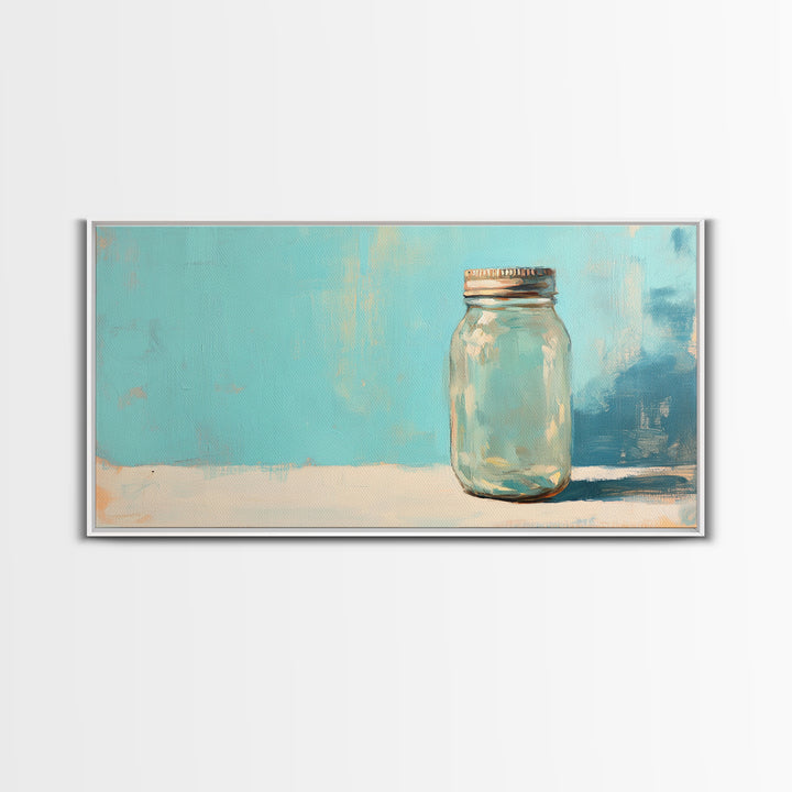 Single Mason Jar On Turquoise Background Wall Art, Minimalist Kitchen Print, Farmhouse Decor, Rustic Home Decor, Gift For Her