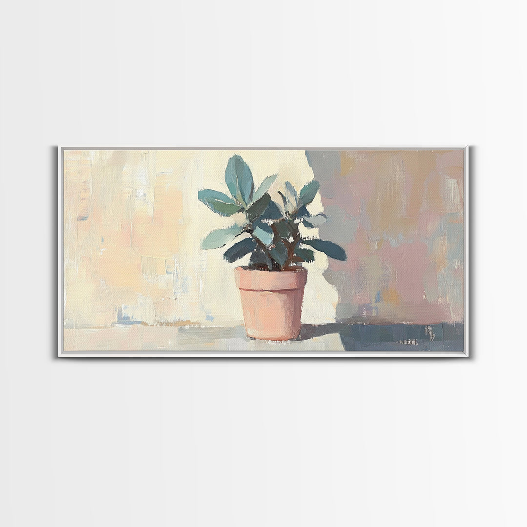 Potted Plant In Pink Pot Framed Canvas Print, Botanical Wall Art, Sage Green Decor, Modern Farmhouse Home Decor Gift Idea