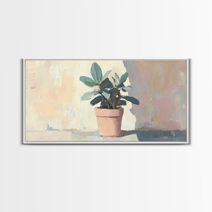 Potted Plant In Pink Pot Framed Canvas Print, Botanical Wall Art, Sage Green Decor, Modern Farmhouse Home Decor Gift Idea