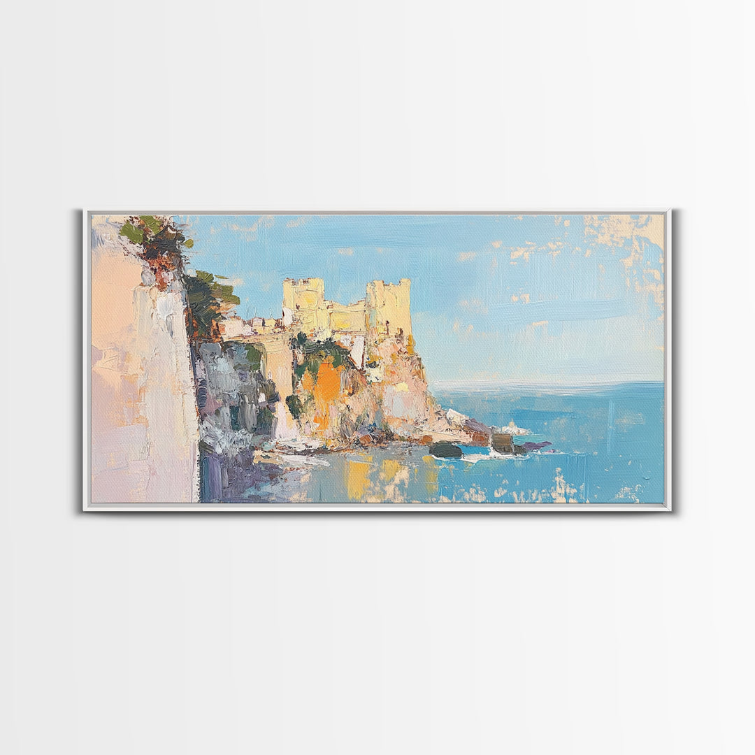 Sunlit Coastal Castle By Blue Sea Canvas Print, Mediterranean Wall Art, Italy Coast Decor, Seascape Painting, Travel Gift