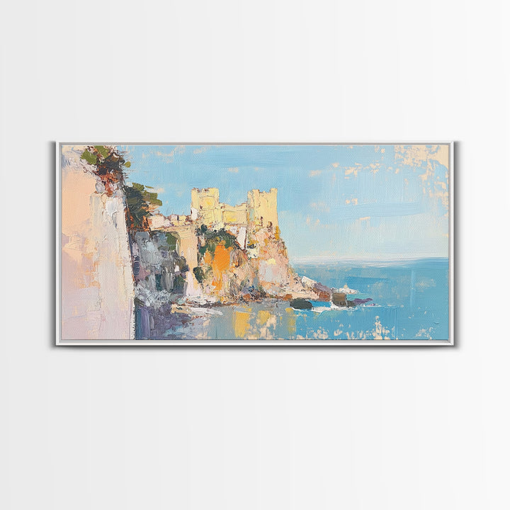 Sunlit Coastal Castle By Blue Sea Canvas Print, Mediterranean Wall Art, Italy Coast Decor, Seascape Painting, Travel Gift