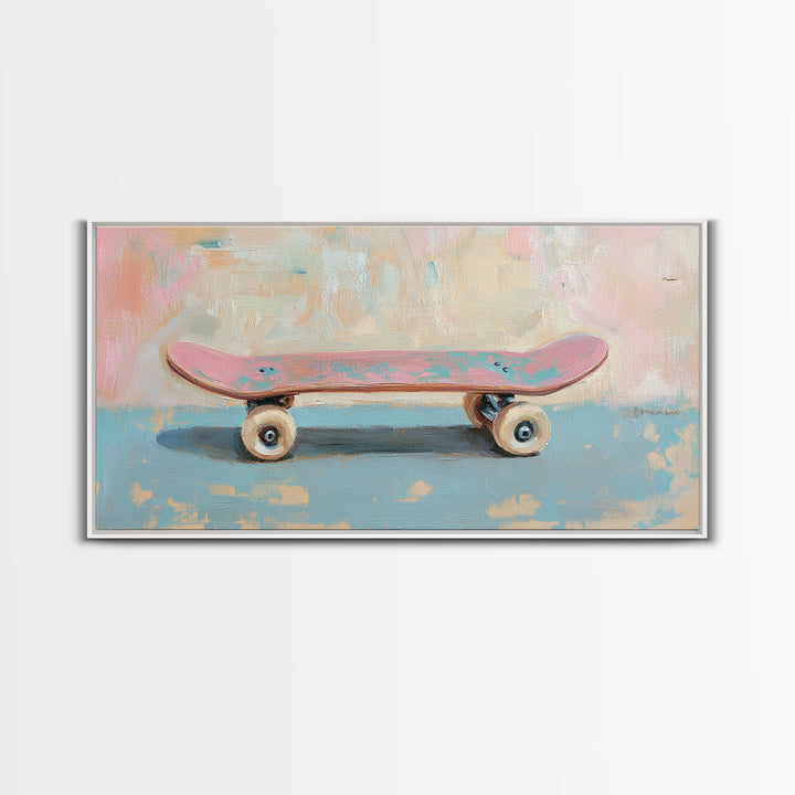 Pink Skateboard On Blue Wall Framed Canvas Print, Retro Wall Art, Teen Room Decor, Preppy Wall Art, Dopamine Decor Gift Idea