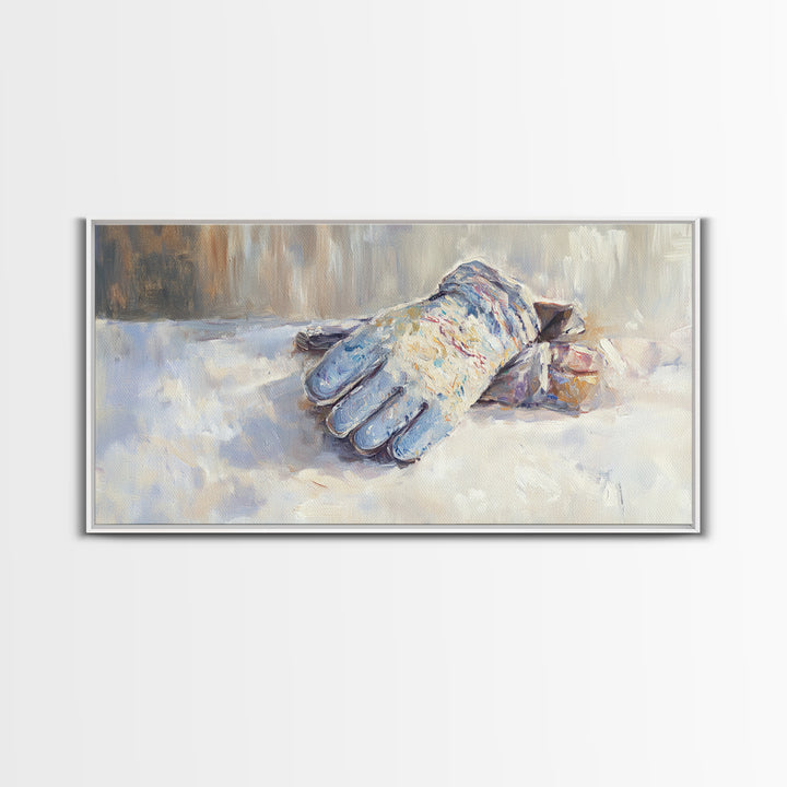 Snowy Blue Winter Glove Oil Painting Wall Art, Rustic Cabin Decor, Neutral Home Decor, Cozy Bedroom Art, Housewarming Gift