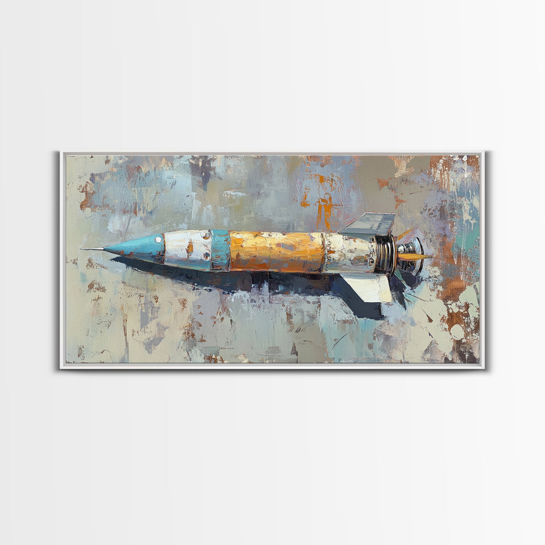 Retro Rocket Ship Oil Painting Wall Art, Space Lover Gift, Sci Fi Wall Decor, Industrial Art Print, Futuristic Home Decor