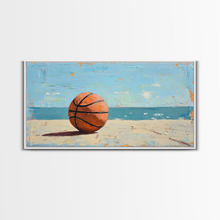 Basketball On Sandy Beach Canvas Print, Coastal Wall Art, Boys Room Decor, Sports Poster, Ocean Wall Decor, Gift For Him