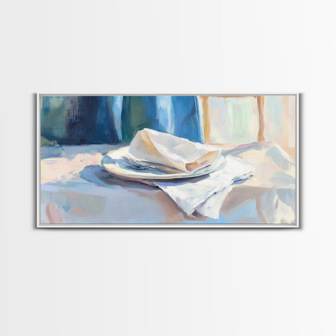 Blue Linen Plate Still Life Wall Art, Dining Room Print, Kitchen Decor, Modern Farmhouse Canvas, Neutral Home Decor, Housewarming Gift