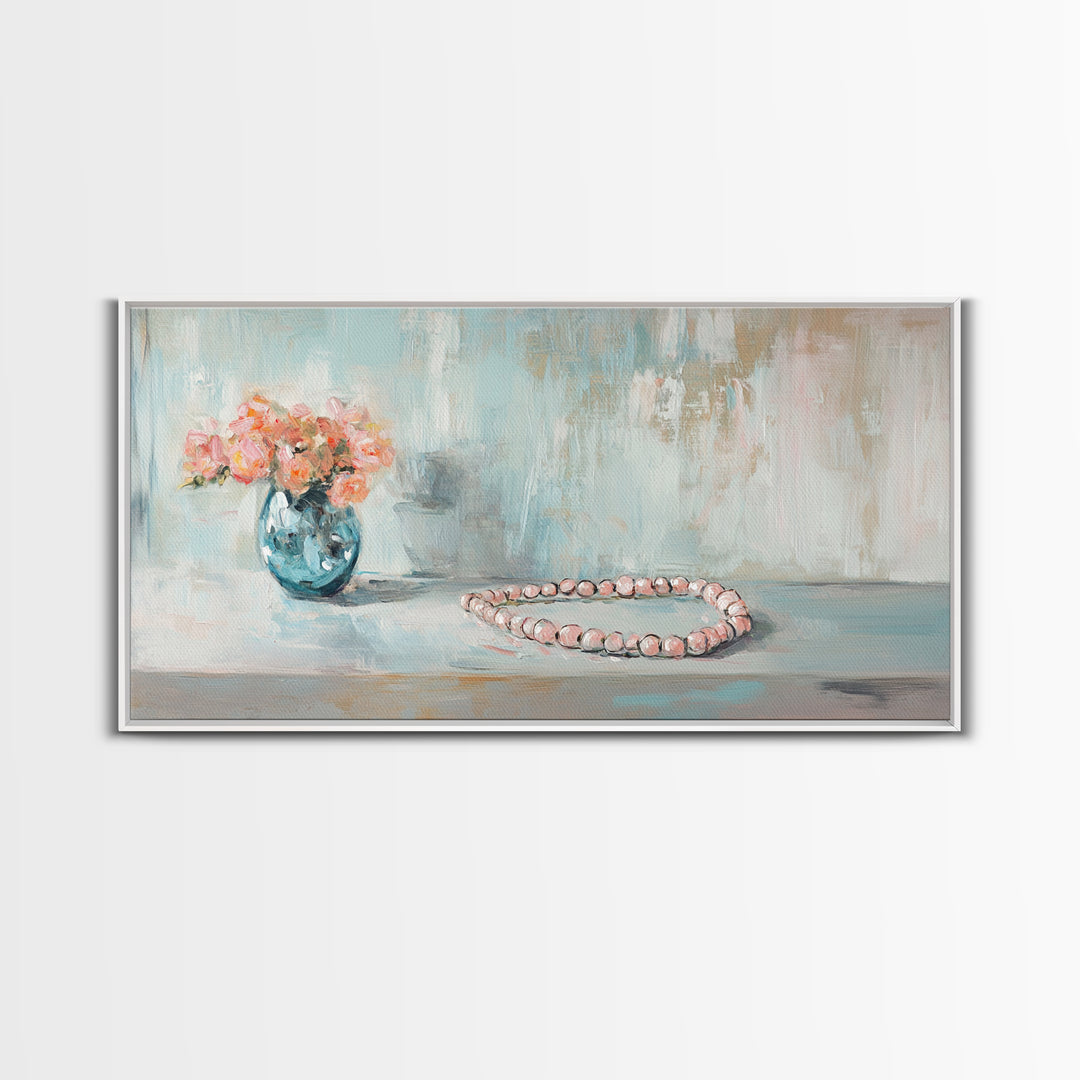 Pink Flowers And Pearl Necklace Framed Canvas Print, Feminine Wall Art, Romantic Bedroom Decor, Gift For Her, Soft Pastel Art