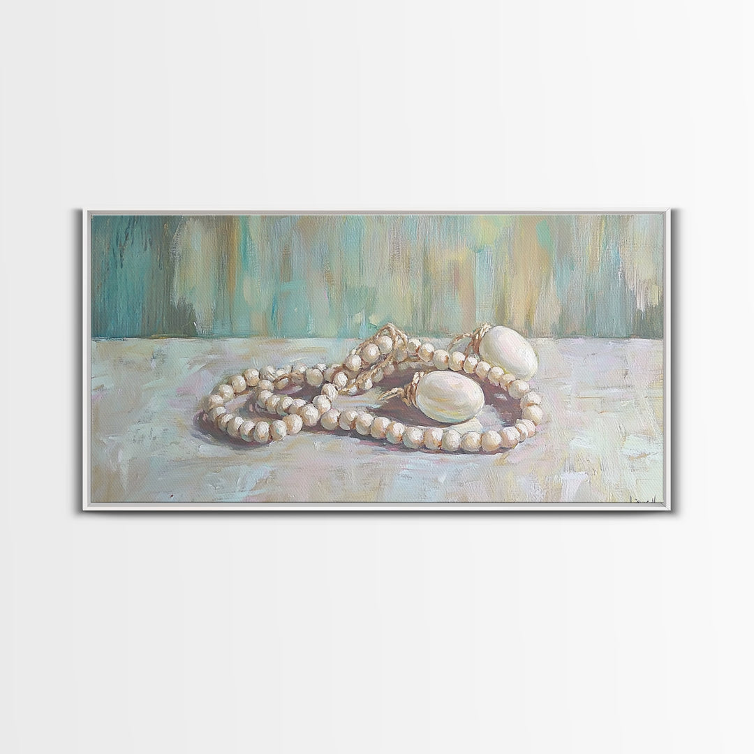 White Pearl Necklace Still Life Wall Art, Feminine Coastal Decor, Elegant Bathroom Art, Romantic Bedroom Canvas Print, Gift For Her