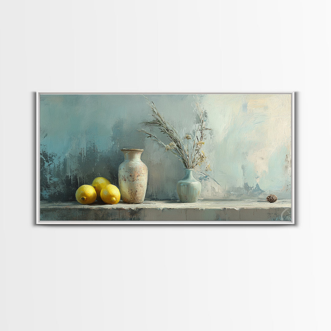 Lemons And Ceramic Vases Canvas Print, Rustic Kitchen Wall Art, French Country Decor, Neutral Still Life, Farmhouse Home Decor