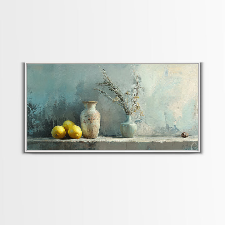 Lemons And Ceramic Vases Canvas Print, Rustic Kitchen Wall Art, French Country Decor, Neutral Still Life, Farmhouse Home Decor