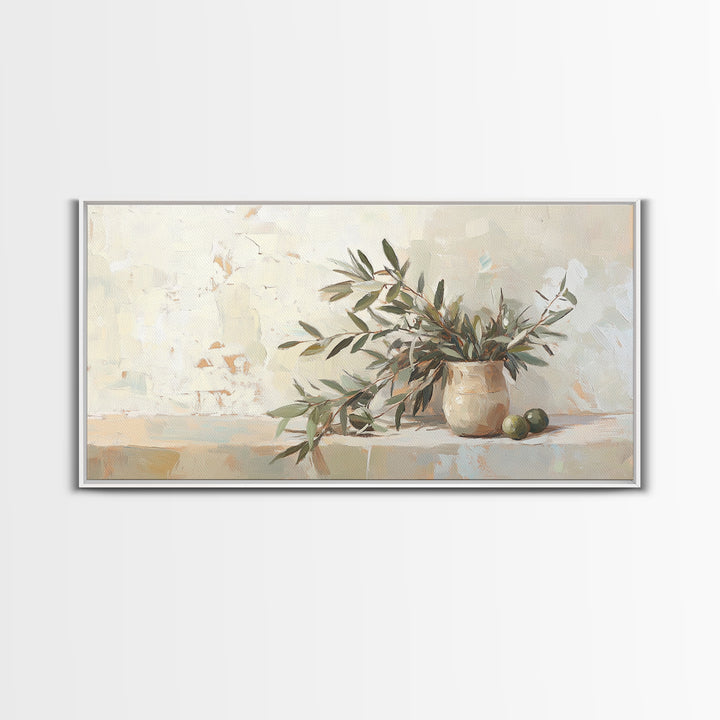 Olive Branches In Ceramic Vase Framed Canvas Print, Neutral Kitchen Decor, Botanical Wall Art, Mediterranean Home Decor Gift