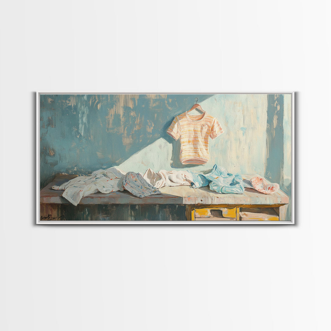 Sunlit Laundry Table With Baby Clothes Wall Art, Laundry Room Decor, Nursery Wall Art, Farmhouse Home Decor Canvas Print