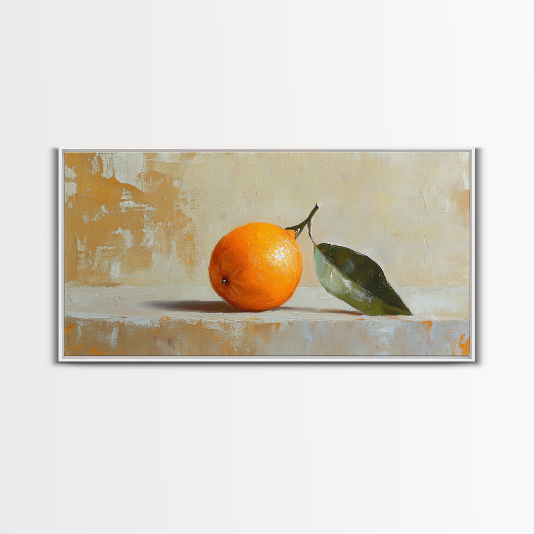 Single Orange With Glossy Green Leaf Canvas Print, Minimalist Kitchen Wall Art, Fruit Still Life, Modern Home Decor Gift