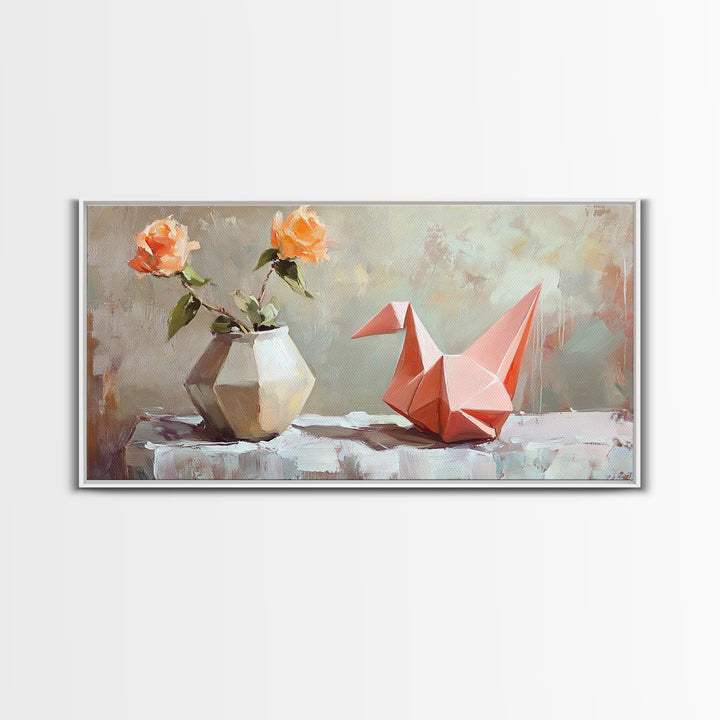 Pink Origami Fox With Peach Roses Wall Art, Whimsical Still Life Canvas Print, Girly Room Decor, Unique Gift For Her, Cute Prints