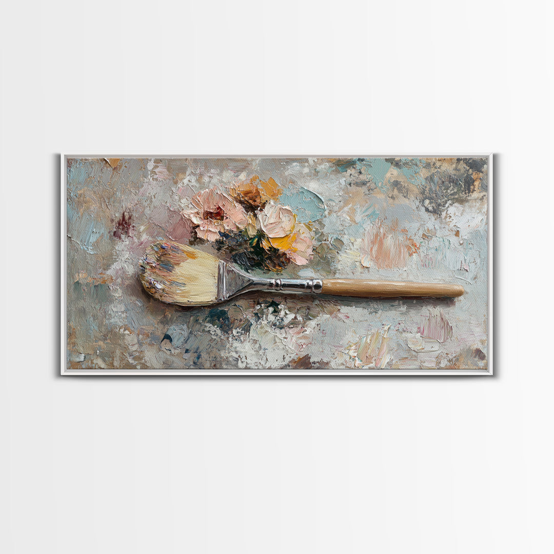 Palette Knife Paintbrush With Soft Roses Wall Art, Artist Studio Decor, Floral Still Life Canvas Print, Gift For Art Lover