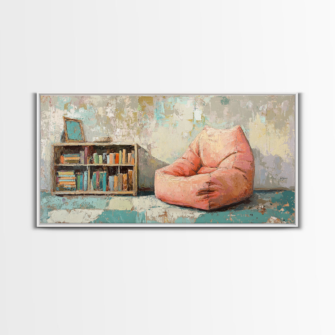 Cozy Pink Bean Bag Chair And Bookshelf Wall Art, Reading Nook Decor, Book Lover Art, Kids Room Canvas Print, Playroom Decor