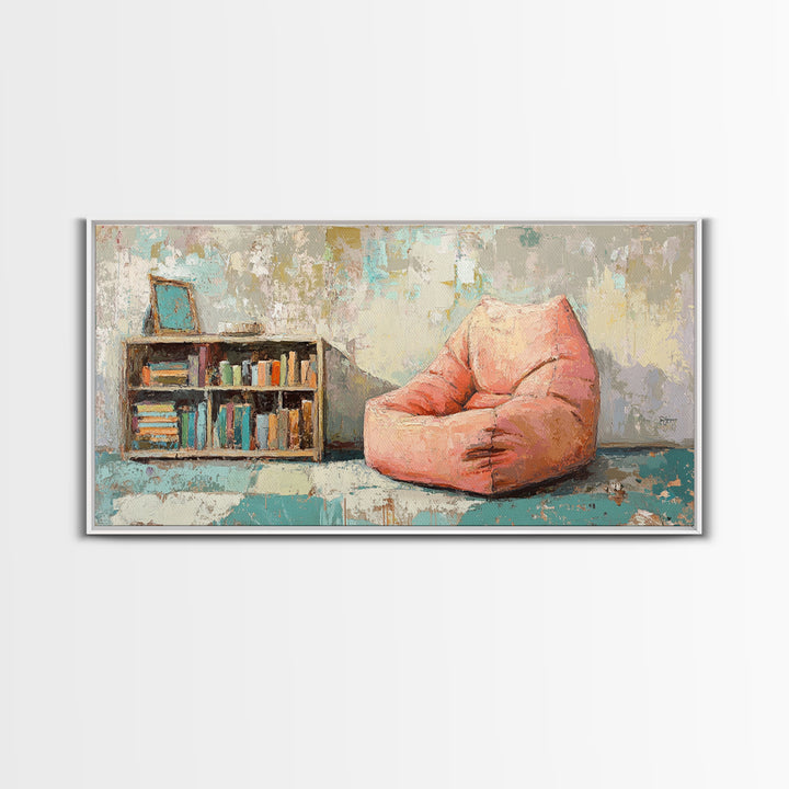 Cozy Pink Bean Bag Chair And Bookshelf Wall Art, Reading Nook Decor, Book Lover Art, Kids Room Canvas Print, Playroom Decor