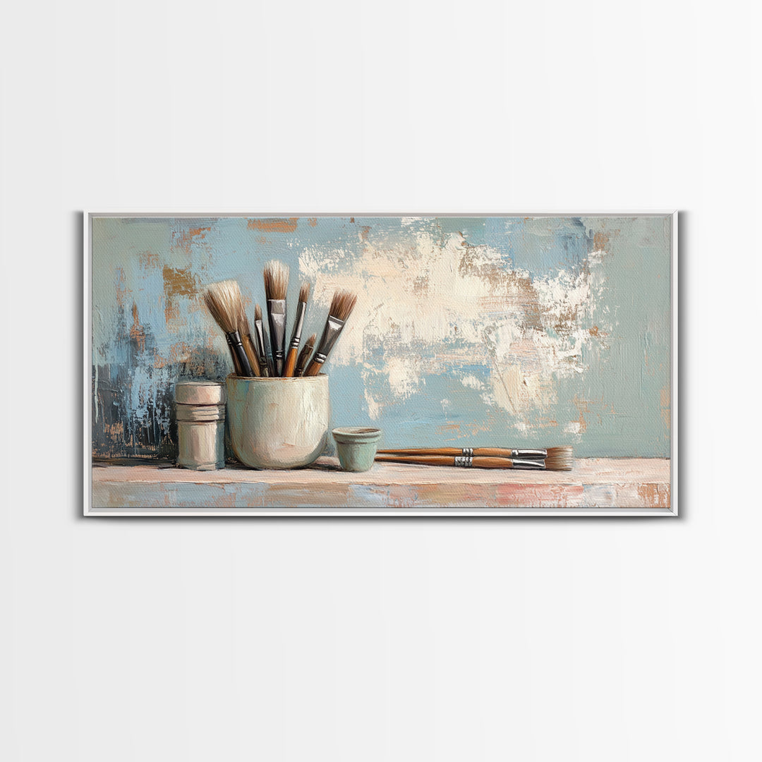 Artist Brushes In Ceramic Cup Canvas Print, Art Studio Wall Art, Creative Office Decor, Neutral Modern Home Decor Housewarming Gift