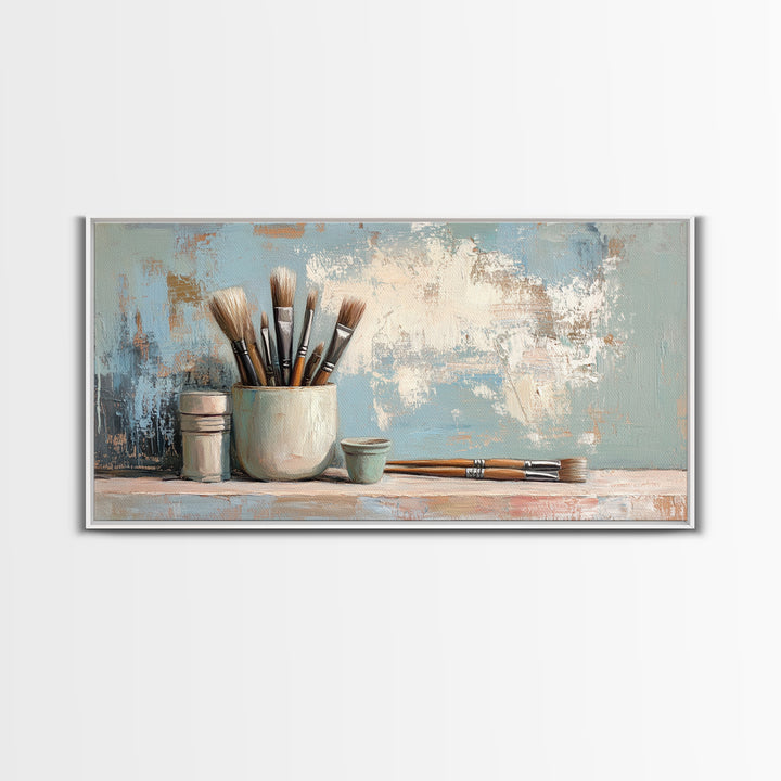 Artist Brushes In Ceramic Cup Canvas Print, Art Studio Wall Art, Creative Office Decor, Neutral Modern Home Decor Housewarming Gift
