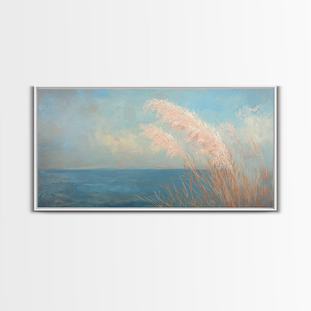 Soft Pampas Grass By Blue Sea Wall Art, Coastal Canvas Print, Minimalist Beach House Decor, Serene Nature Wall Decor, For Bedroom