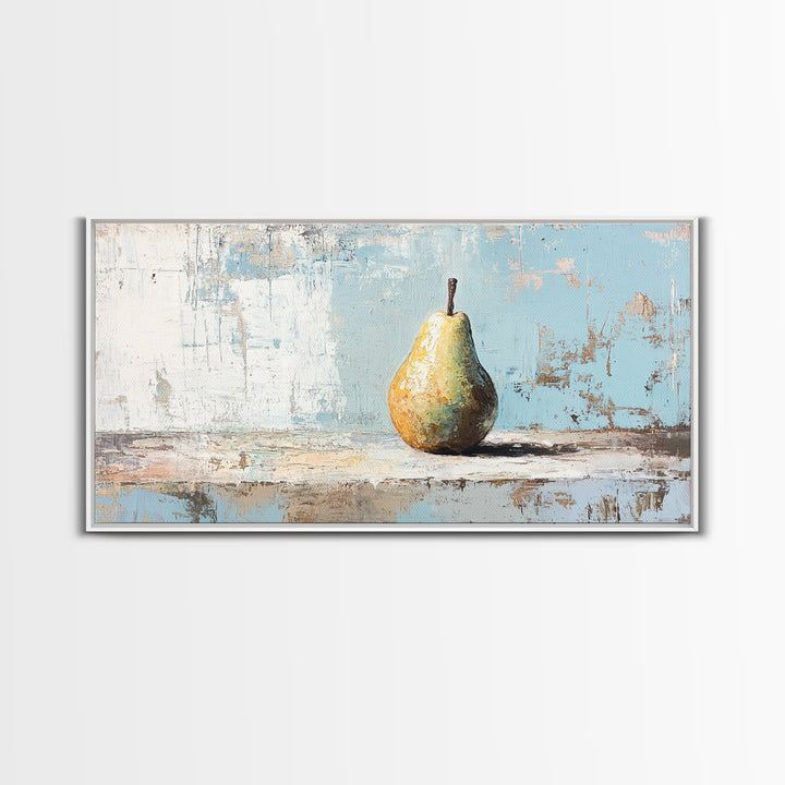 Golden Pear Still Life On Blue Rustic Canvas Print, Kitchen Wall Art, Farmhouse Fruit Decor, Neutral Home Decor, For Dining Room