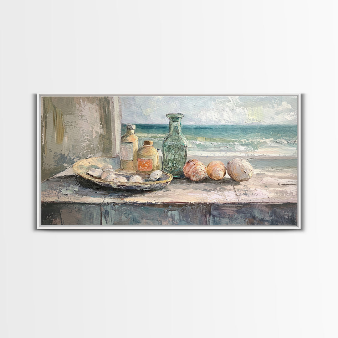 Seashells And Green Glass Bottle Canvas Print, Coastal Kitchen Wall Art, Beach House Decor, Nautical Still Life Fine Art Print