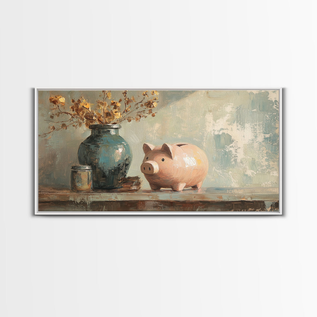 Pink Piggy Bank And Rustic Vase Wall Art, Whimsical Farmhouse Decor, Nursery Animal Canvas Print, Housewarming Gift, Gift For Her