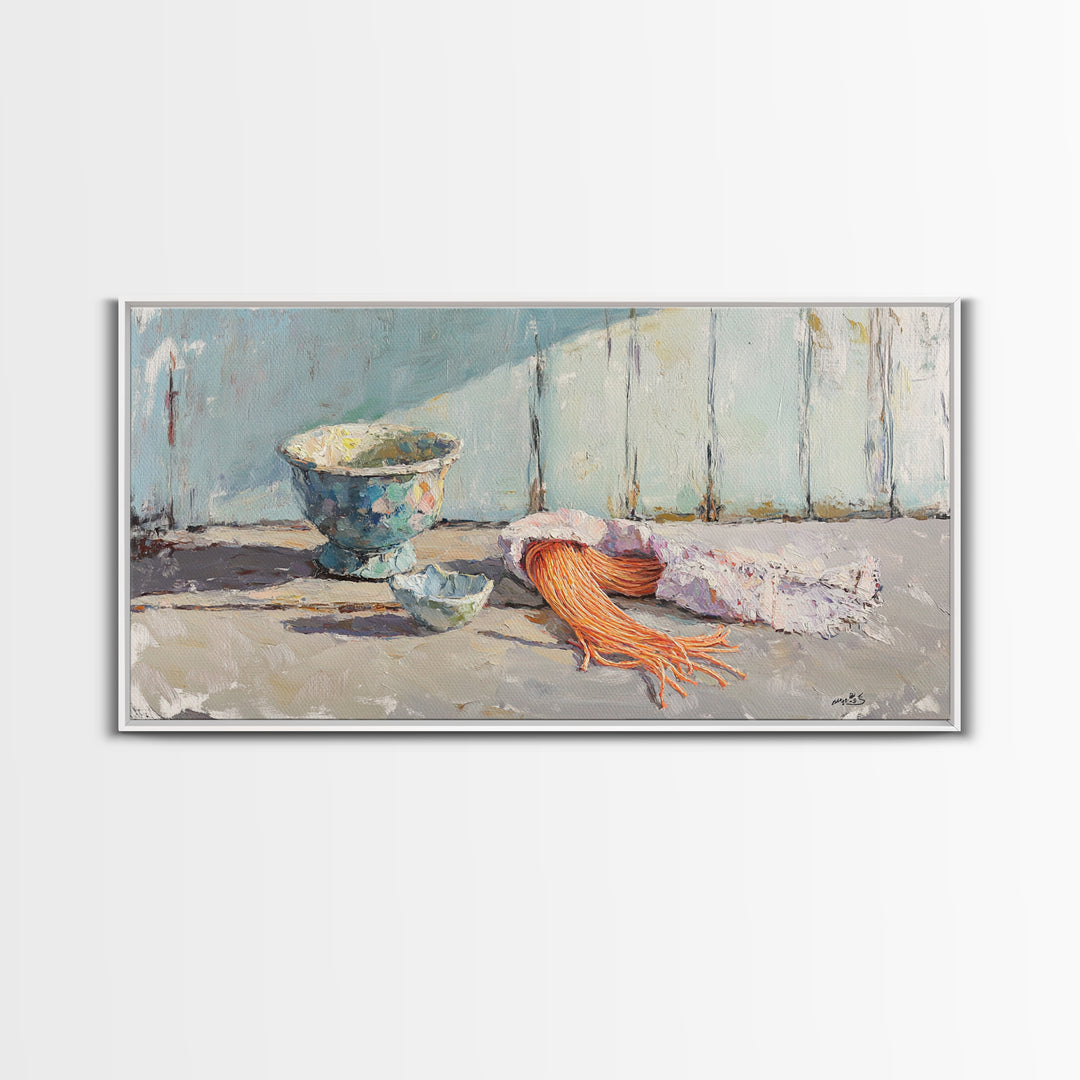 Coastal Bowl And Coral Still Life Wall Art, Textured Canvas Print For Beach House Decor And Ocean Nautical Living Room Decor