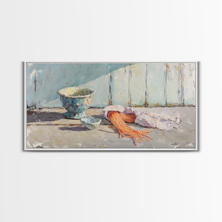 Coastal Bowl And Coral Still Life Wall Art, Textured Canvas Print For Beach House Decor And Ocean Nautical Living Room Decor