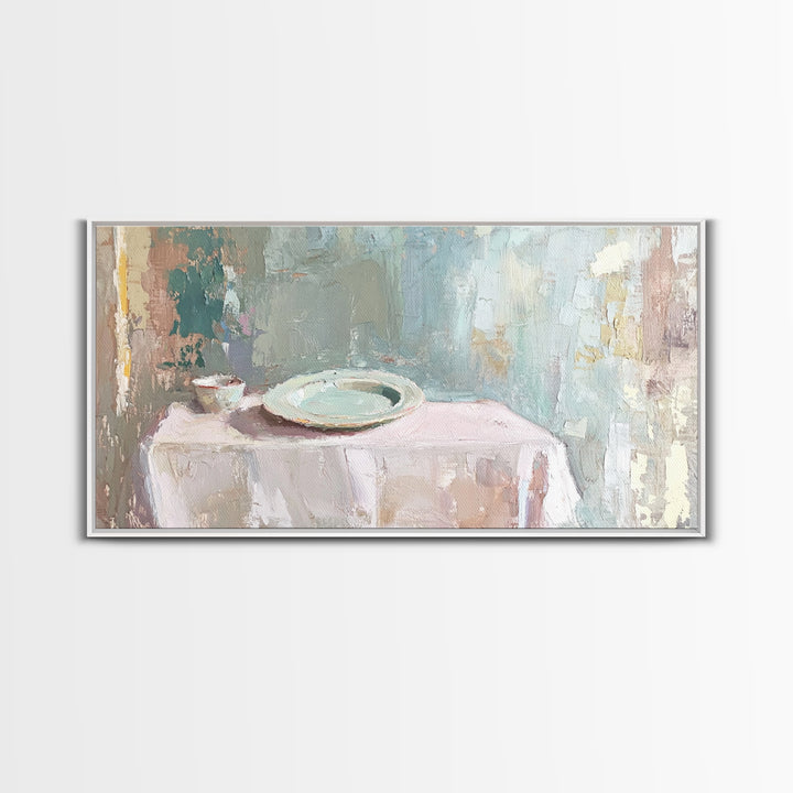 Pale Plate And Bowl Still Life Wall Art, Minimalist Kitchen Decor, Neutral Canvas Wall Art, Modern Dining Room Print, Home Decor