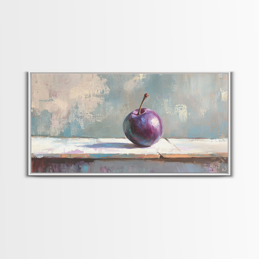 Single Purple Plum Still Life Canvas Print, Minimalist Kitchen Wall Art, Fruit Art Painting, Modern Rustic Home Decor Gift