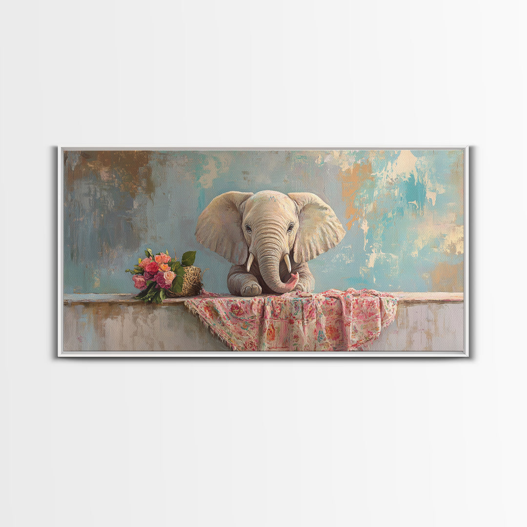 Baby Elephant With Flowers Framed Canvas Print, Safari Nursery Wall Art, Animal Wall Decor, Whimsical Kids Room Decor, Baby Shower Gift