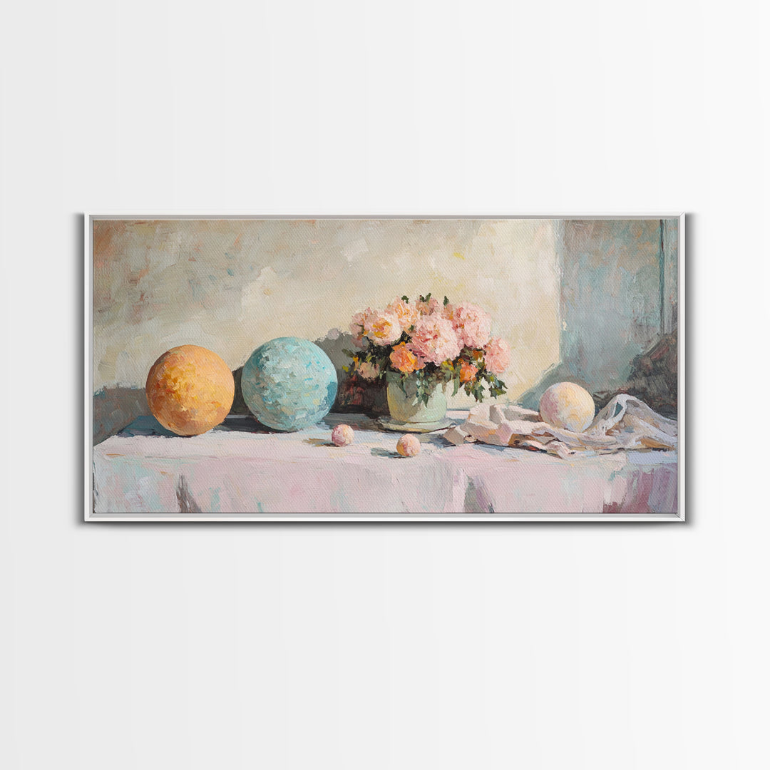 Pastel Orbs And Pink Flowers Canvas Print, Feminine Floral Wall Art, Dreamy Still Life Decor, Soft Bedroom Wall Decor For Her