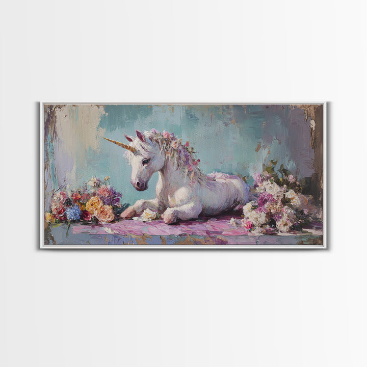 White Unicorn With Floral Garland Canvas Print, Fantasy Nursery Wall Art, Whimsical Girls Room Decor, Magical Gift For Her